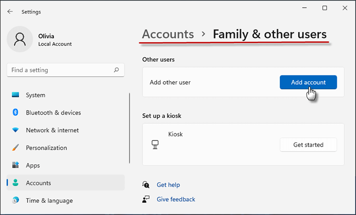 enter Settings > Accounts > Family & other users and click Add account