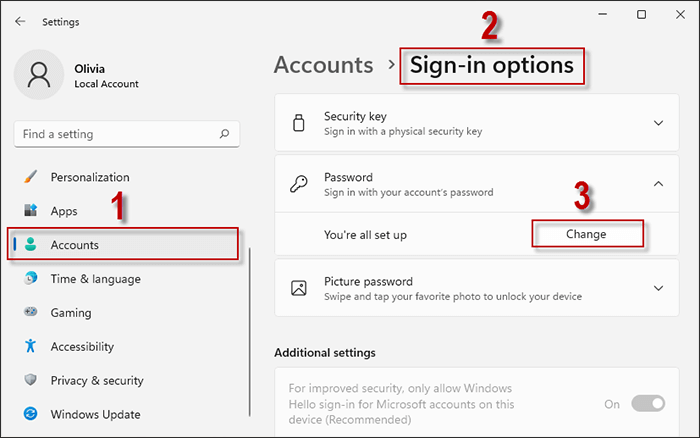 Press Win + I to go to Settings > Accounts > Sign-in options and click Change