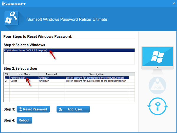Select Windows Server 2008 R2 admin account and click Reset Password