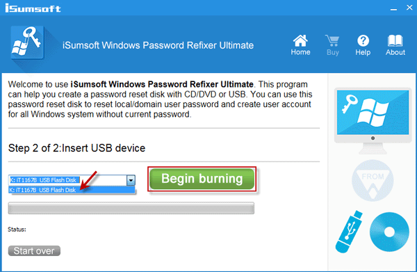 Note flash drive name and click Begin Burning