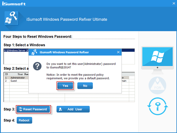 Select Windows Server 2012 domain admin account and click Reset Password