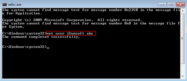Run Net User command to reset Windows 7 admin password