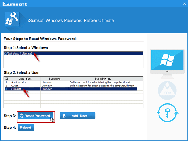 Select Windows 7 admin account and click Reset Password