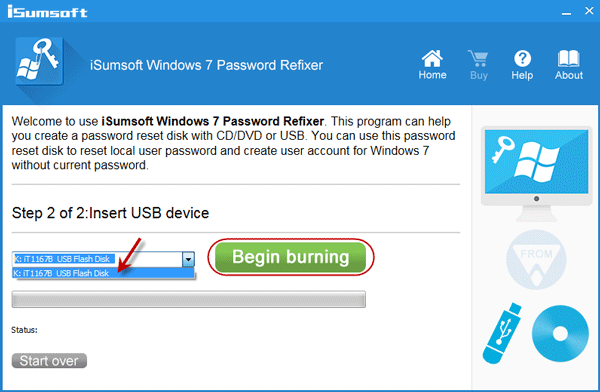 Note USB drive name and click Begin burning