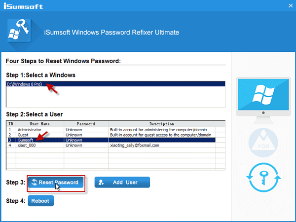 Select Windows 8 user and click on Reset Password