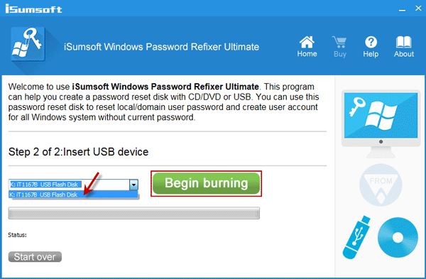 Note flash drive name and click Begin burning