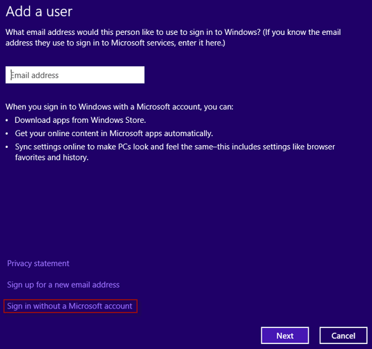 Click Sign in without a Microsoft account link