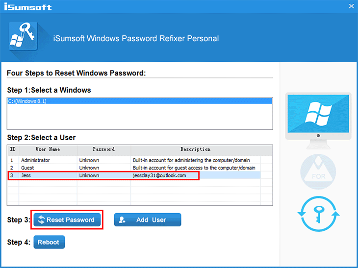 Select Microsoft account and click Reset button