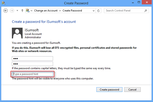 Create a Password hint