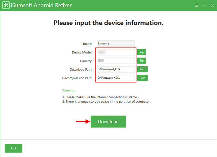 enter device info and click Download