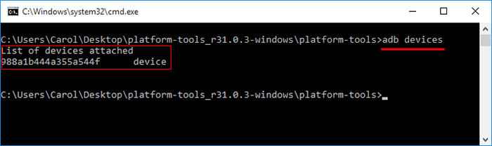 type adb devices and press Enter
