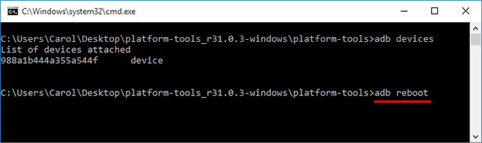 type adb reboot and press Enter