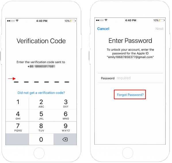 Enter verification code then tap Forgot Password