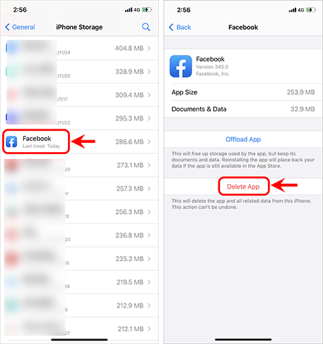 delete Facebook app to clear cache