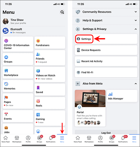 access Facebook Settings and Privacy