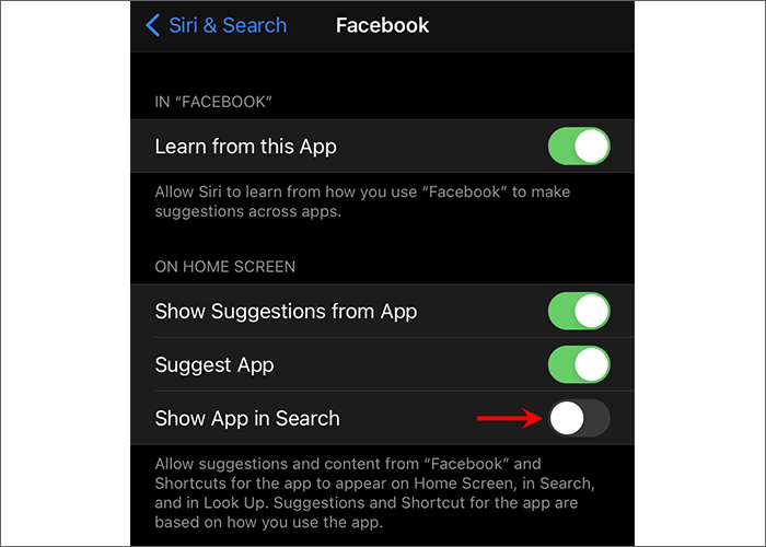 turn off Show App in Search