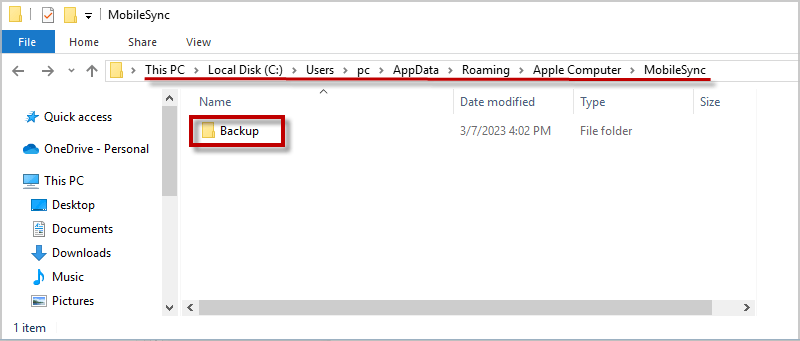 delete Backup folder in default iTunes backup location
