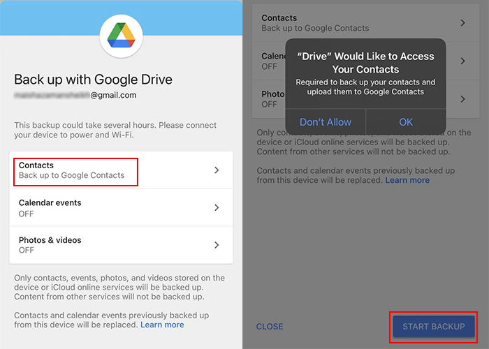 back up iPhone contacts to Google Drive