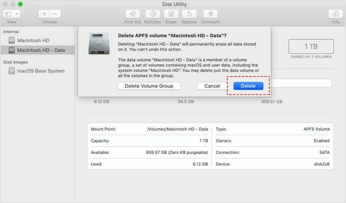 delete the Macintosh HD-Data partition