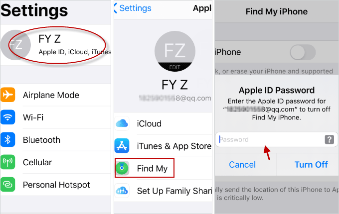disable Find My iPhone