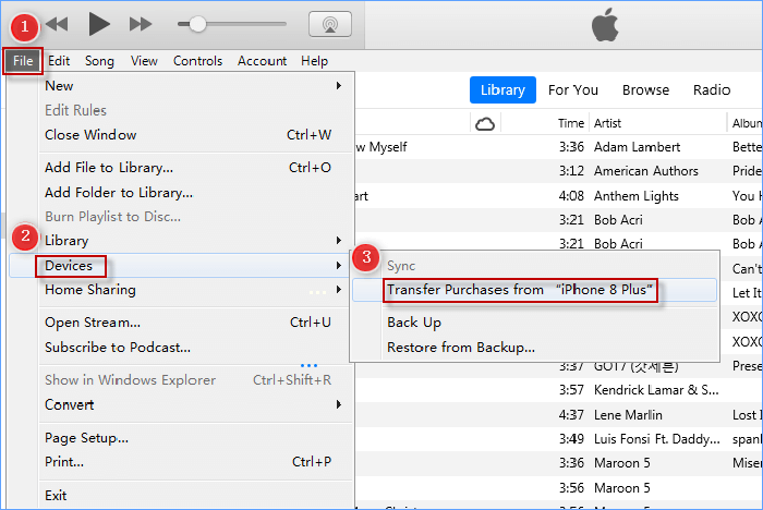 transfer purchased music with iTunes