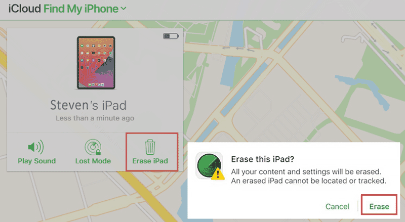 erase ipad using find my app