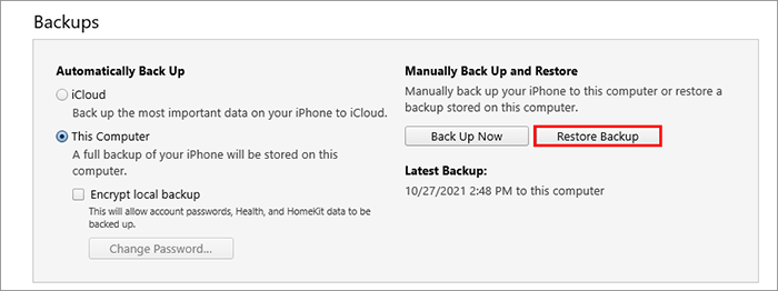 turn off Find My iPhone and click Restore Backup