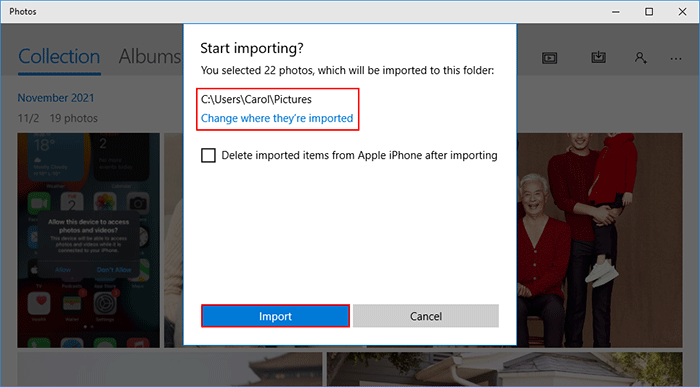 click Import to start importing iPhone photos to PC