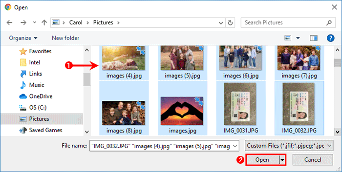 select the photos and click Open
