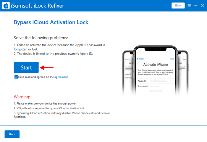 click Start to bypass activation lock