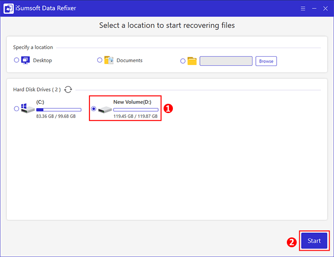Select drive for recovery in iSumsoft Data Refixer