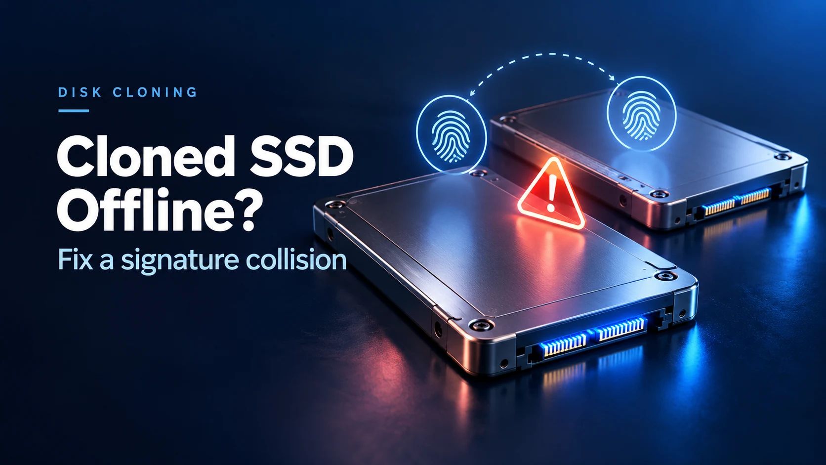 Cloned SSD offline blog cover showing two SSDs with a disk signature collision warning