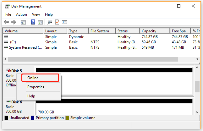 Online option in the context menu for an offline disk in Disk Management