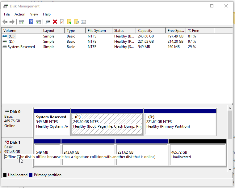 Disk Management shows Disk 1 offline because its signature collides with another online disk