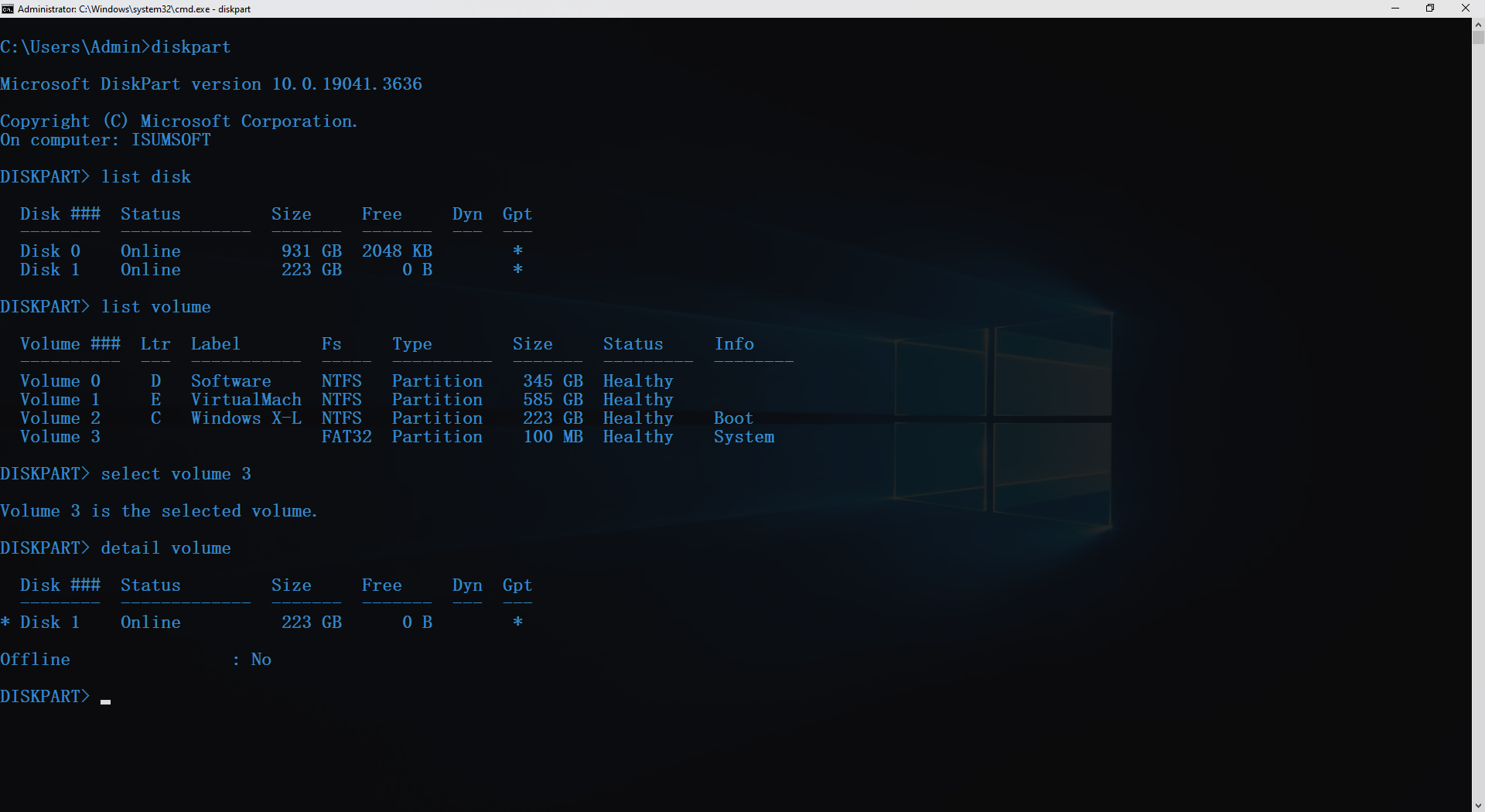 DiskPart list disk, list volume, and detail volume showing FAT32 Volume 3 on Disk 1