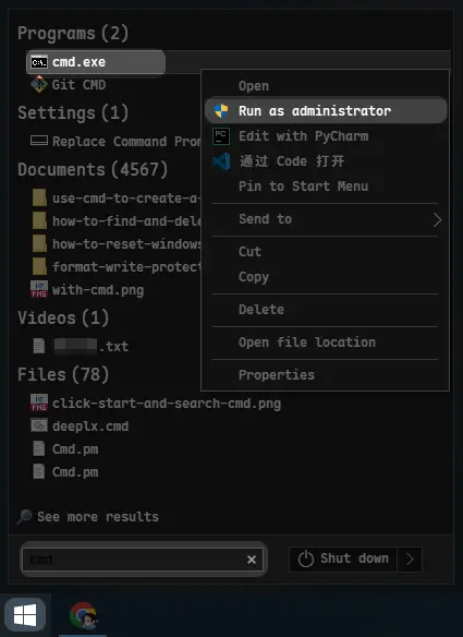 Click Start and search for cmd