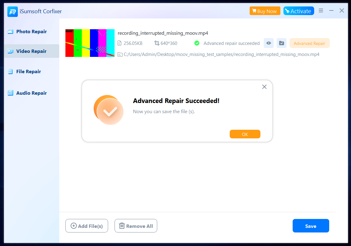 CorFixer advanced repair succeeded for the interrupted recording test MP4