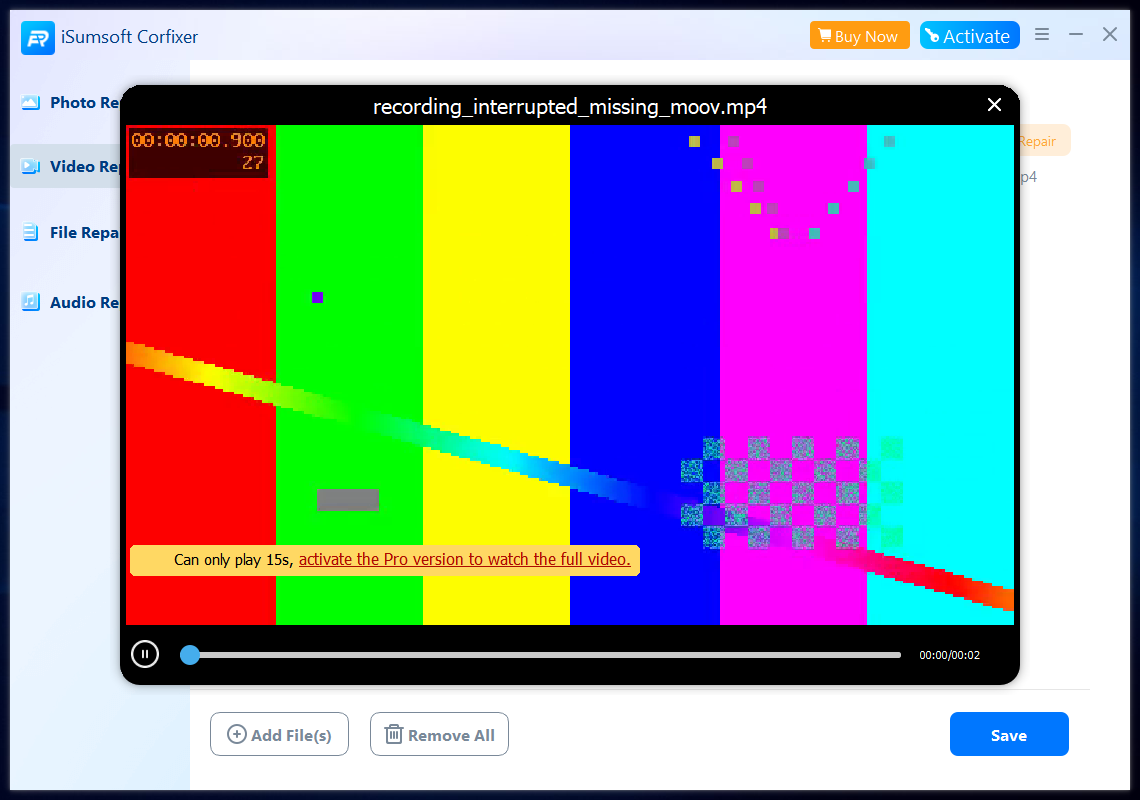 The video repaired by CorFixer plays in its built-in preview window