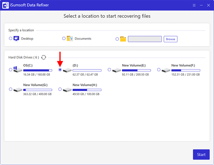 Data Refixer location selection screen with the D drive selected