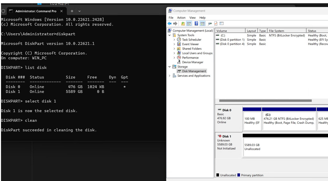 DiskPart clean succeeded and Disk Management shows Disk 1 as Unknown Not Initialized and Unallocated