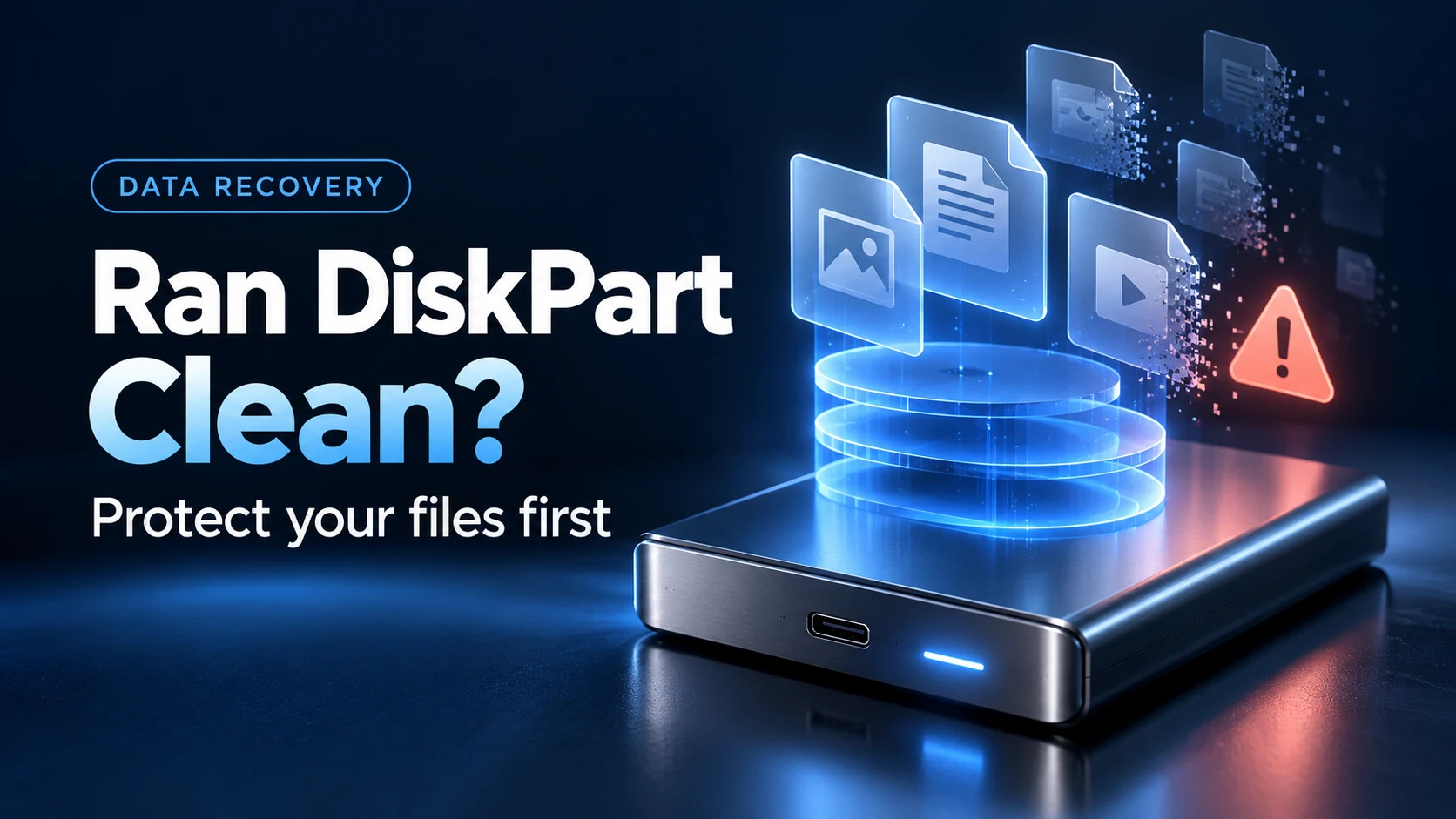 DiskPart clean data recovery blog cover with a storage drive and missing files