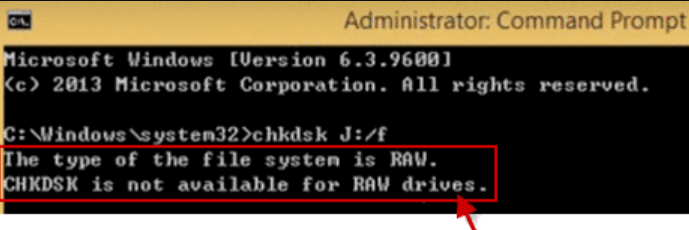 Command Prompt reporting that CHKDSK is not available for RAW drives