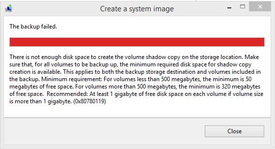 System image backup failed with error 0x80780119 because there is not enough space for the volume shadow copy