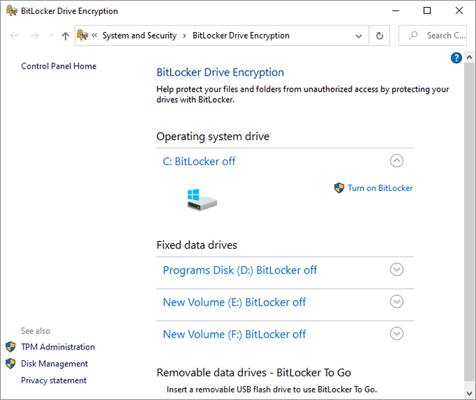 open BitLocker Control Panel