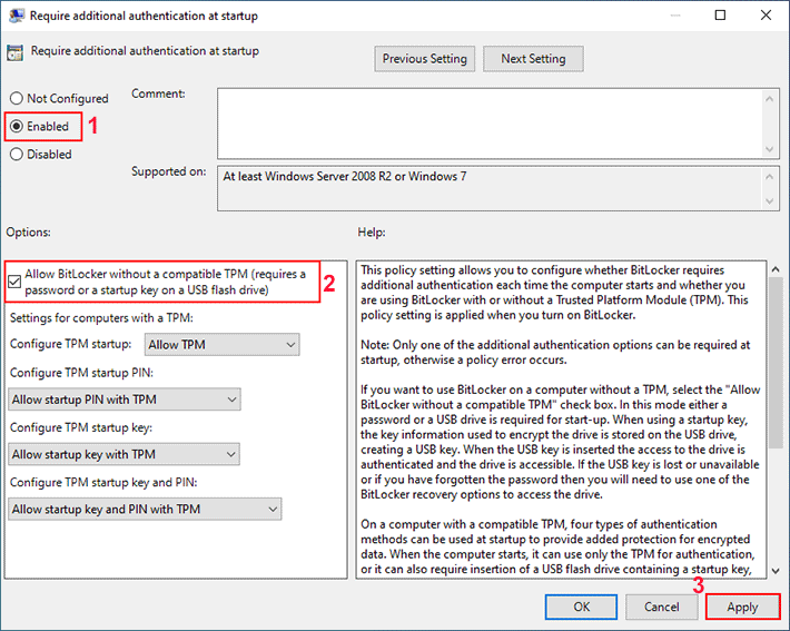 allow bitlocker without a tpm