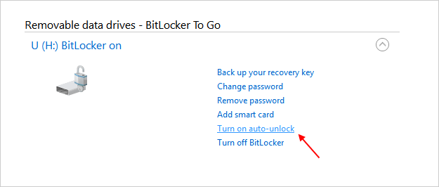 Set auto unlock in manage bitlocker