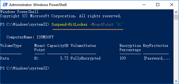 Suspend BitLocker protection in powershell