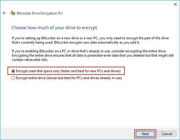 select encrypt used disk space only