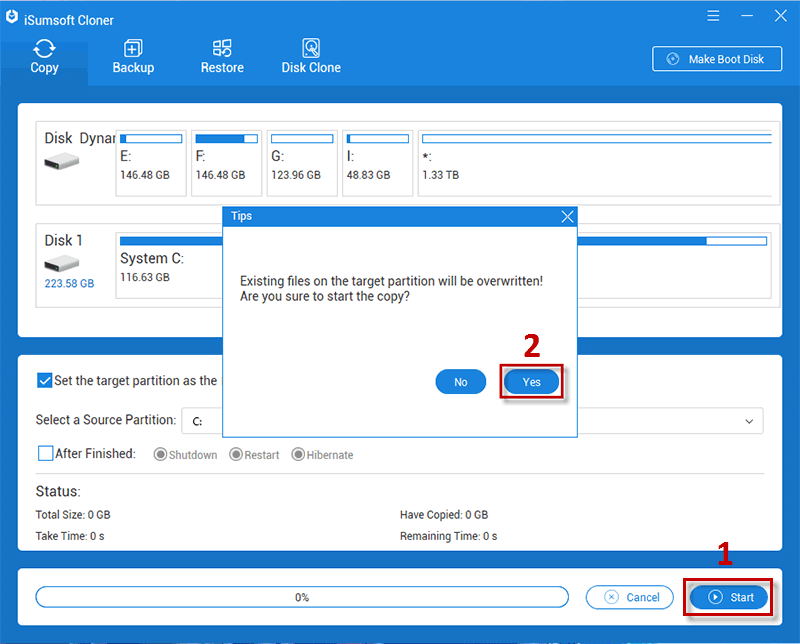 click Start to backup partition