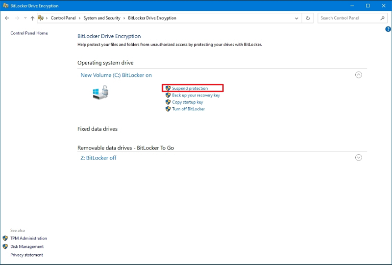 Suspend BitLocker Protection